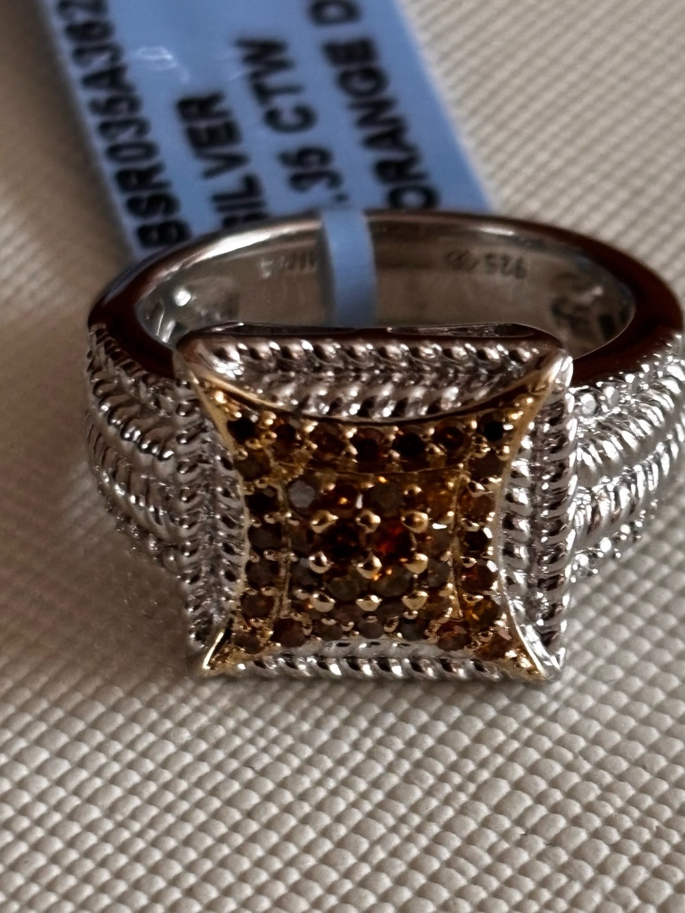 Sterling Silver Ring with orange diamond Cluster